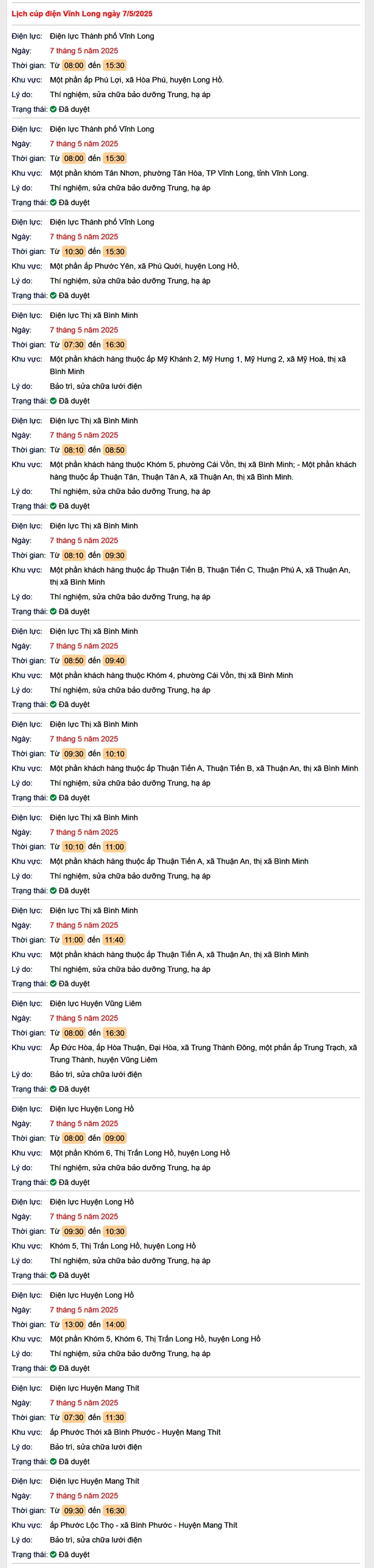 Tra cứu lịch cúp điện hôm nay Thứ 4 ngày 7/5/2025 tại Vĩnh Long- Ảnh 1. Tra cứu lịch cúp điện hôm nay Thứ 4 ngày 7/5/2025 tại Vĩnh Long- Ảnh 1.