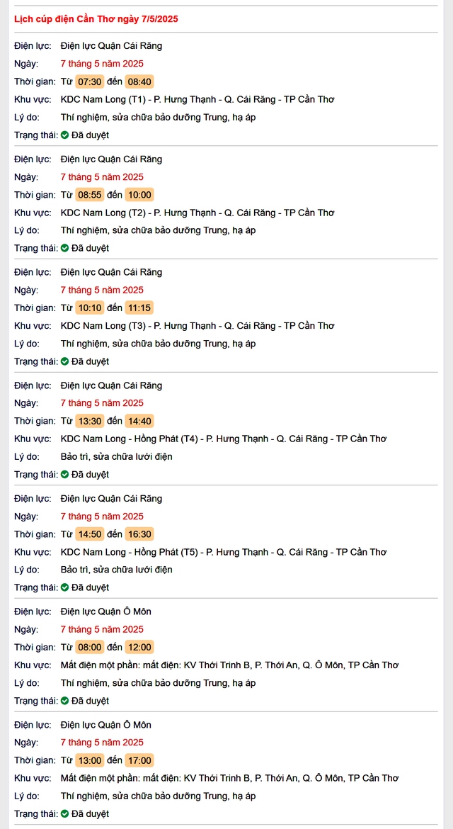 Tra cứu lịch cúp điện hôm nay Thứ 4 ngày 7/5/2025 tại Cần Thơ- Ảnh 1. Tra cứu lịch cúp điện hôm nay Thứ 4 ngày 7/5/2025 tại Cần Thơ- Ảnh 1.