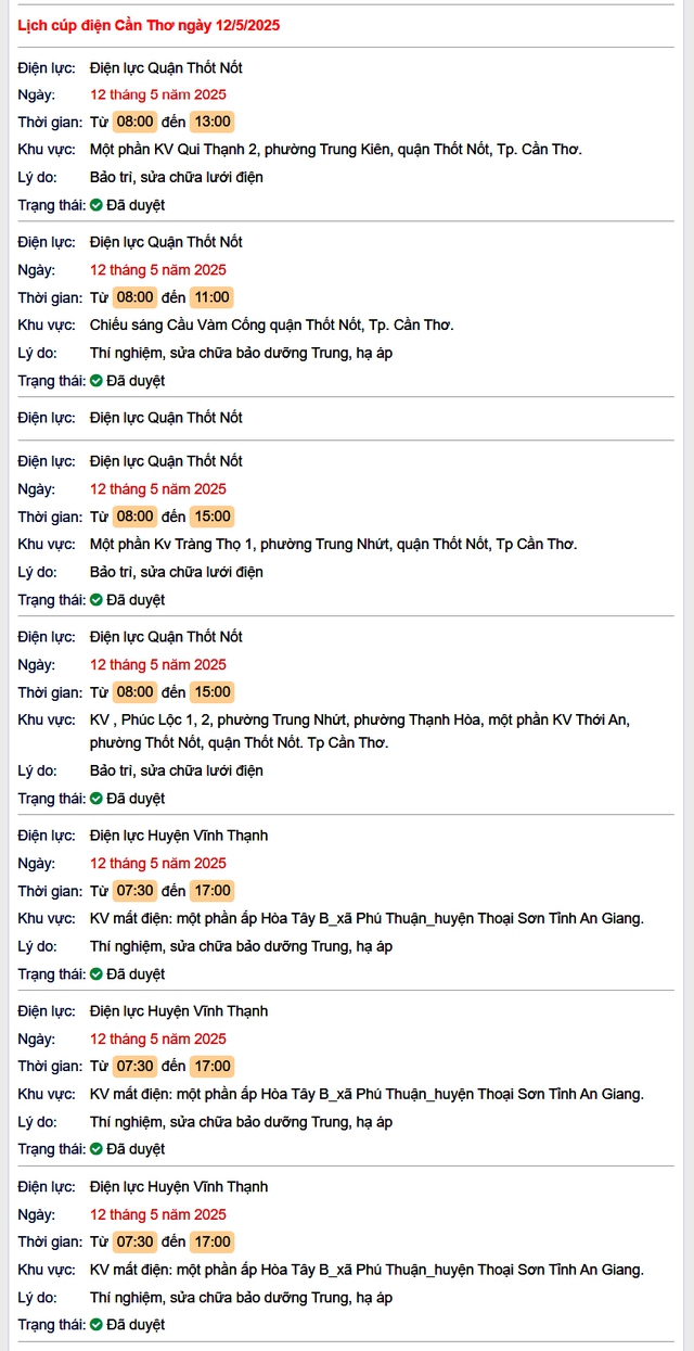 Tra cứu lịch cúp điện hôm nay Thứ 2 ngày 12/5/2025 tại Cần Thơ- Ảnh 1. Tra cứu lịch cúp điện hôm nay Thứ 2 ngày 12/5/2025 tại Cần Thơ- Ảnh 1.