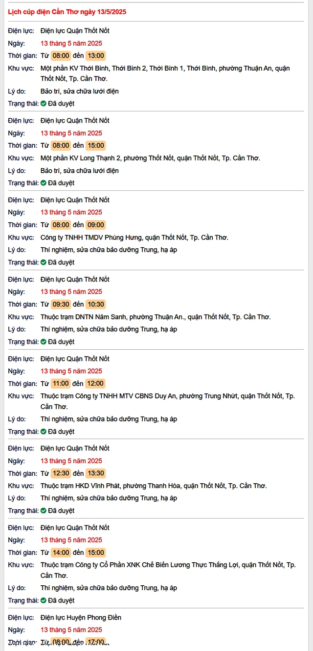 Tra cứu lịch cúp điện hôm nay Thứ 3 ngày 13/5/2025 tại Cần Thơ- Ảnh 1. Tra cứu lịch cúp điện hôm nay Thứ 3 ngày 13/5/2025 tại Cần Thơ- Ảnh 1.