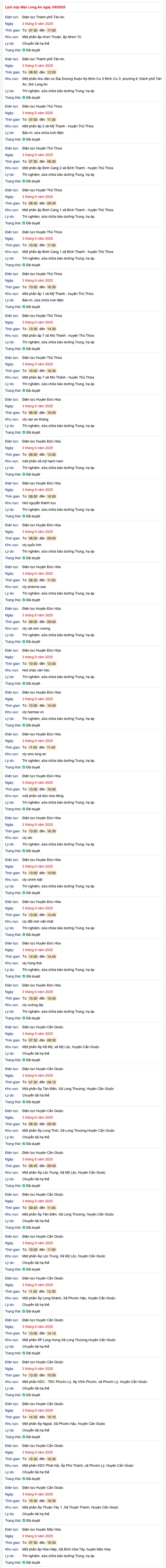 Tra cứu lịch cúp điện hôm nay Thứ 3 ngày 3/6/2025 tại Long An- Ảnh 1. Tra cứu lịch cúp điện hôm nay Thứ 3 ngày 3/6/2025 tại Long An- Ảnh 1.