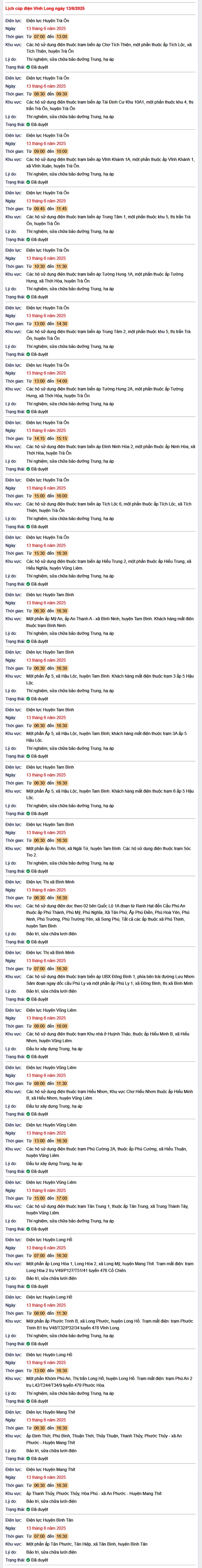 Tra cứu lịch cúp điện hôm nay Thứ 6 ngày 13/6/2025 tại Vĩnh Long- Ảnh 1. Tra cứu lịch cúp điện hôm nay Thứ 6 ngày 13/6/2025 tại Vĩnh Long- Ảnh 1.