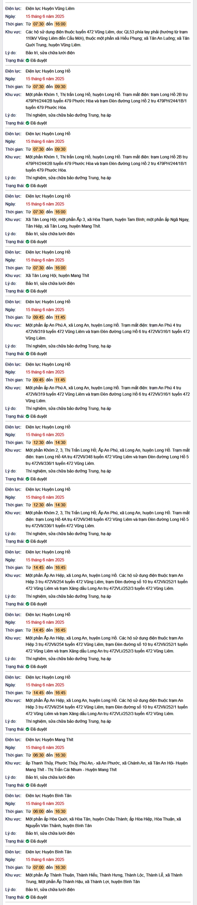 Tra cứu lịch cúp điện hôm nay Chủ Nhật ngày 15/6/2025 tại Vĩnh Long- Ảnh 2. Tra cứu lịch cúp điện hôm nay Chủ Nhật ngày 15/6/2025 tại Vĩnh Long- Ảnh 2.