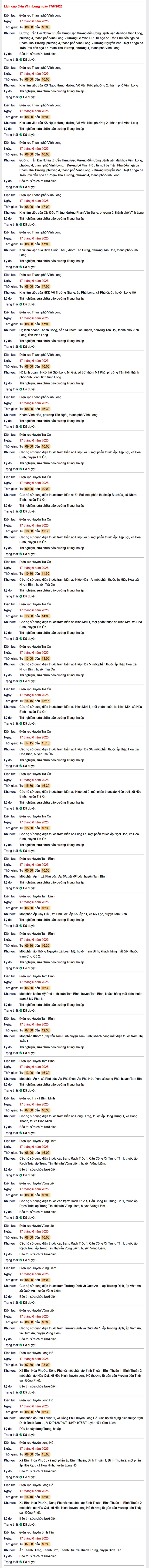 Tra cứu lịch cúp điện hôm nay Thứ 3 ngày 17/6/2025 tại Vĩnh Long- Ảnh 1. Tra cứu lịch cúp điện hôm nay Thứ 3 ngày 17/6/2025 tại Vĩnh Long- Ảnh 1.