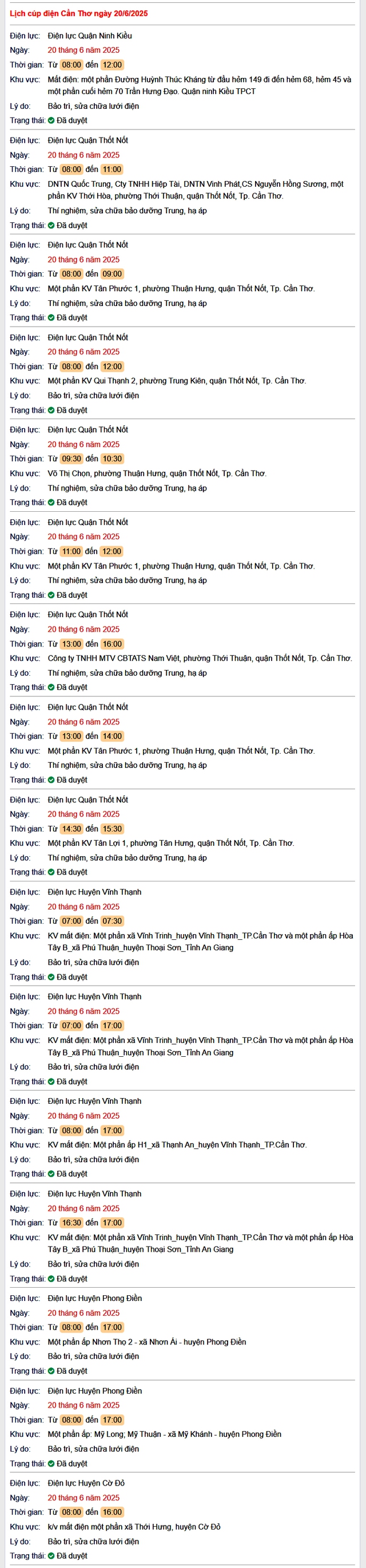 Tra cứu lịch cúp điện hôm nay Thứ 6 ngày 20/6/2025 tại Cần Thơ- Ảnh 1. Tra cứu lịch cúp điện hôm nay Thứ 6 ngày 20/6/2025 tại Cần Thơ- Ảnh 1.