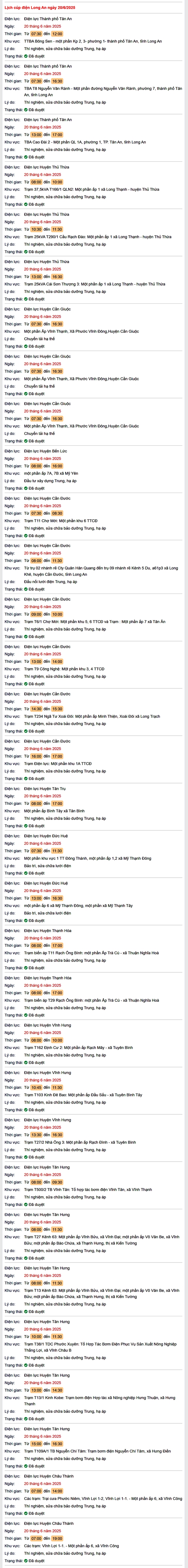 Tra cứu lịch cúp điện hôm nay Thứ 6 ngày 20/6/2025 tại Long An- Ảnh 1. Tra cứu lịch cúp điện hôm nay Thứ 6 ngày 20/6/2025 tại Long An- Ảnh 1.