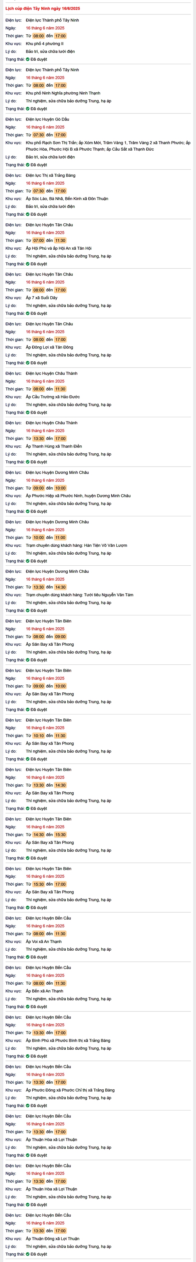 Tra cứu lịch cúp điện hôm nay Thứ 2 ngày 16/6/2025 tại Tây Ninh- Ảnh 1. Tra cứu lịch cúp điện hôm nay Thứ 2 ngày 16/6/2025 tại Tây Ninh- Ảnh 1.