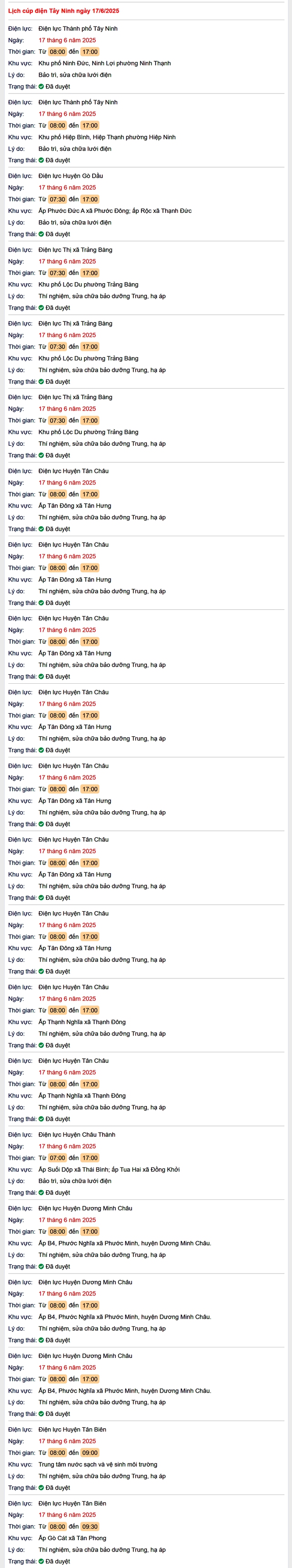 Tra cứu lịch cúp điện hôm nay Thứ 3 ngày 17/6/2025 tại Tây Ninh- Ảnh 1. Tra cứu lịch cúp điện hôm nay Thứ 3 ngày 17/6/2025 tại Tây Ninh- Ảnh 1.
