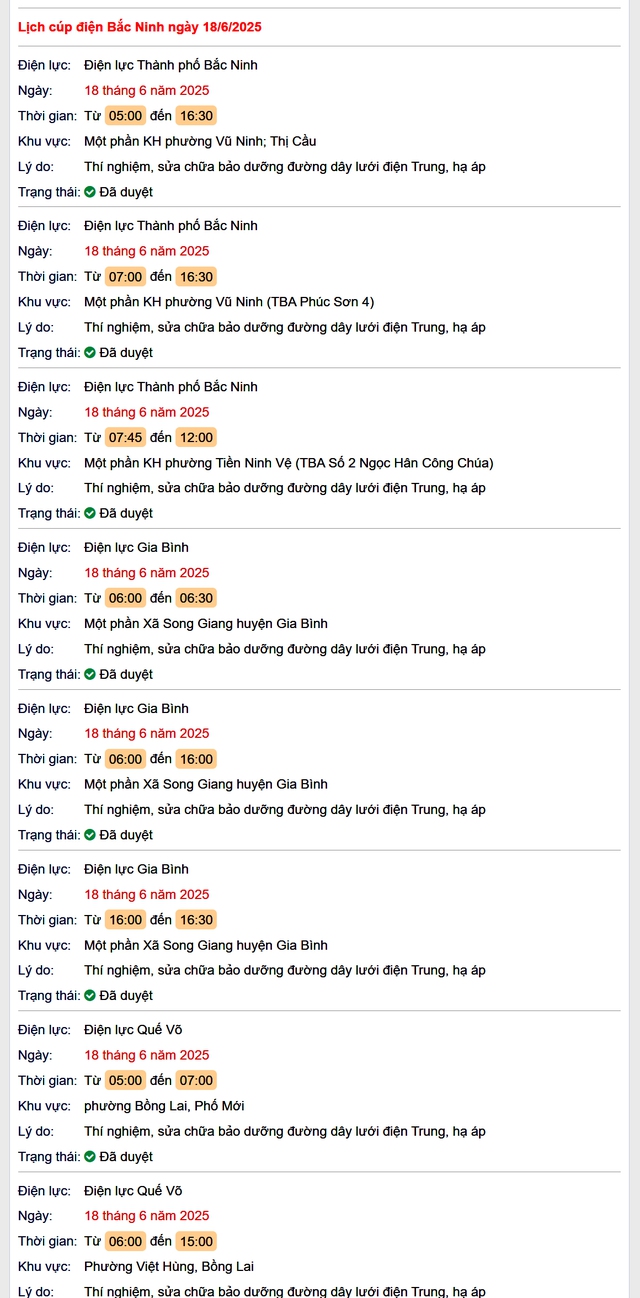 Tra cứu lịch cắt điện Bắc Ninh hôm nay thứ 4 ngày 18/6/2025- Ảnh 1. Tra cứu lịch cắt điện Bắc Ninh hôm nay thứ 4 ngày 18/6/2025- Ảnh 1.