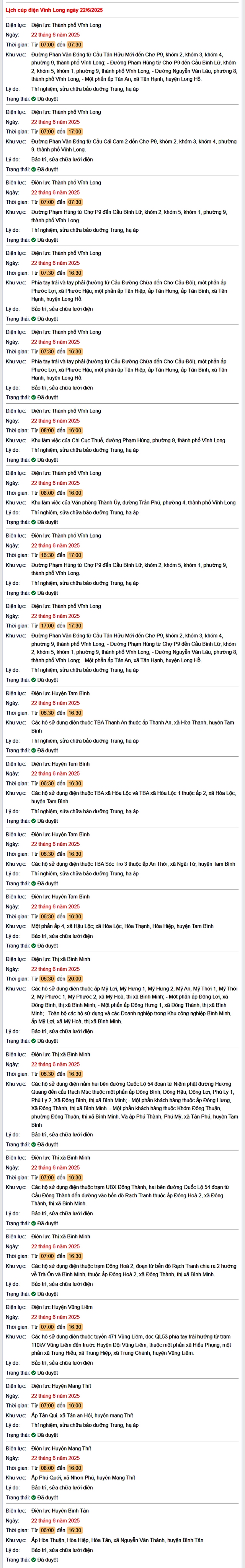 Tra cứu lịch cúp điện hôm nay Chủ Nhật ngày 22/6/2025 tại Vĩnh Long- Ảnh 1.