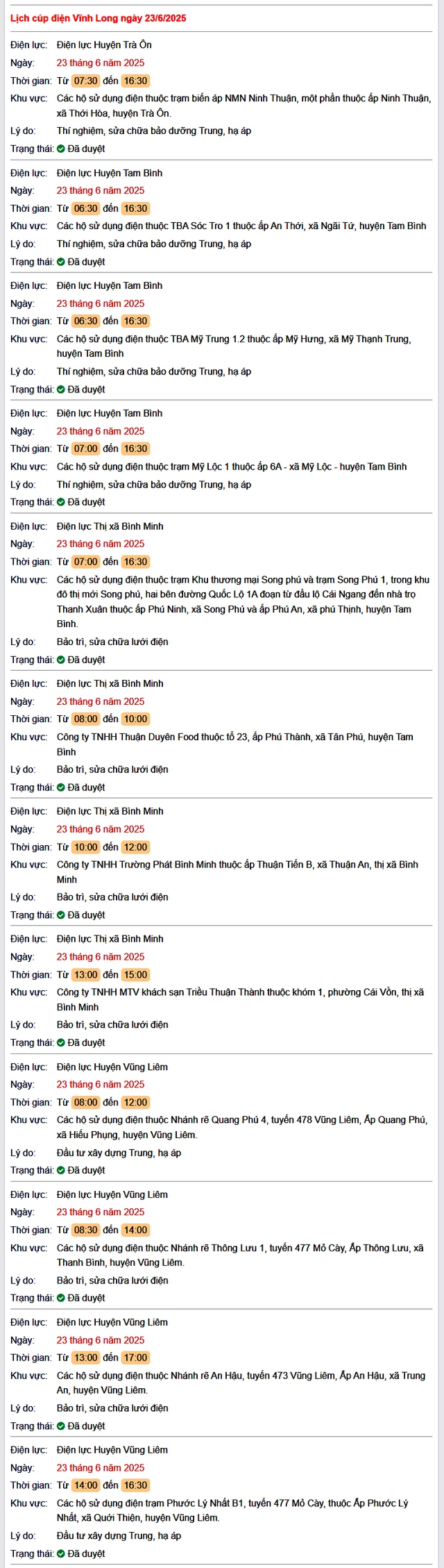 Tra cứu lịch cúp điện hôm nay Thứ 2 ngày 23/6/2025 tại Vĩnh Long- Ảnh 1. Tra cứu lịch cúp điện hôm nay Thứ 2 ngày 23/6/2025 tại Vĩnh Long- Ảnh 1.