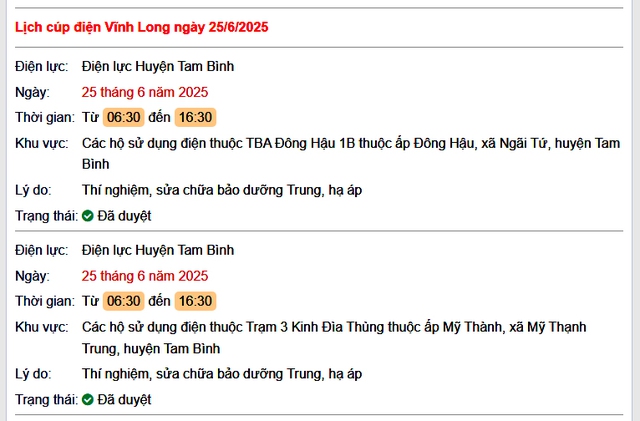 Tra cứu lịch cúp điện hôm nay Thứ 4 ngày 25/6/2025 tại Vĩnh Long- Ảnh 1. Tra cứu lịch cúp điện hôm nay Thứ 4 ngày 25/6/2025 tại Vĩnh Long- Ảnh 1.