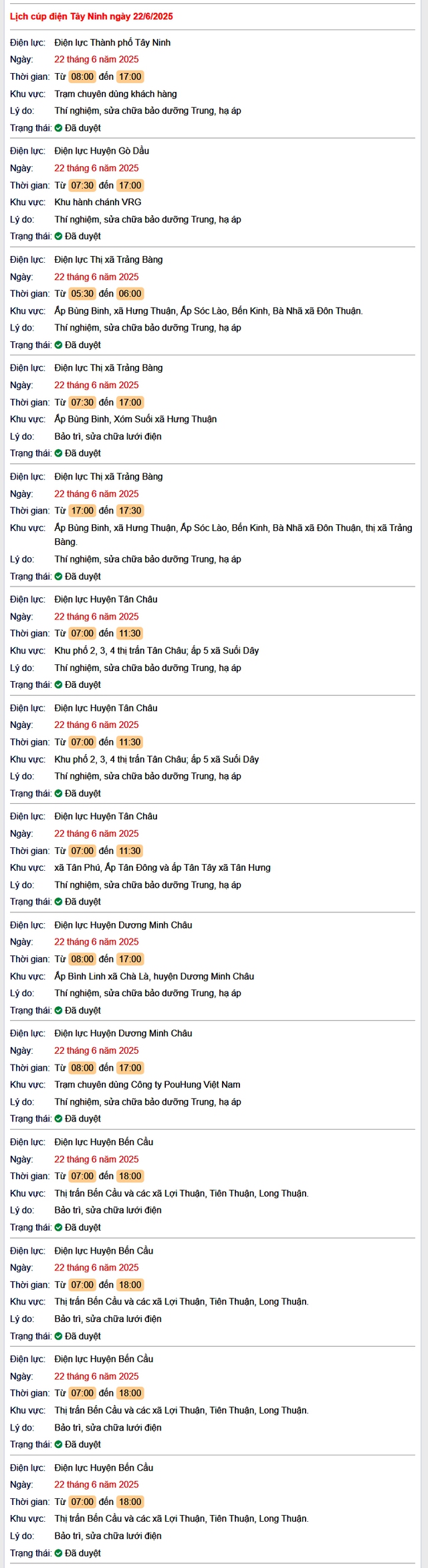 Tra cứu lịch cúp điện hôm nay Chủ Nhật ngày 22/6/2025 tại Tây Ninh- Ảnh 1.