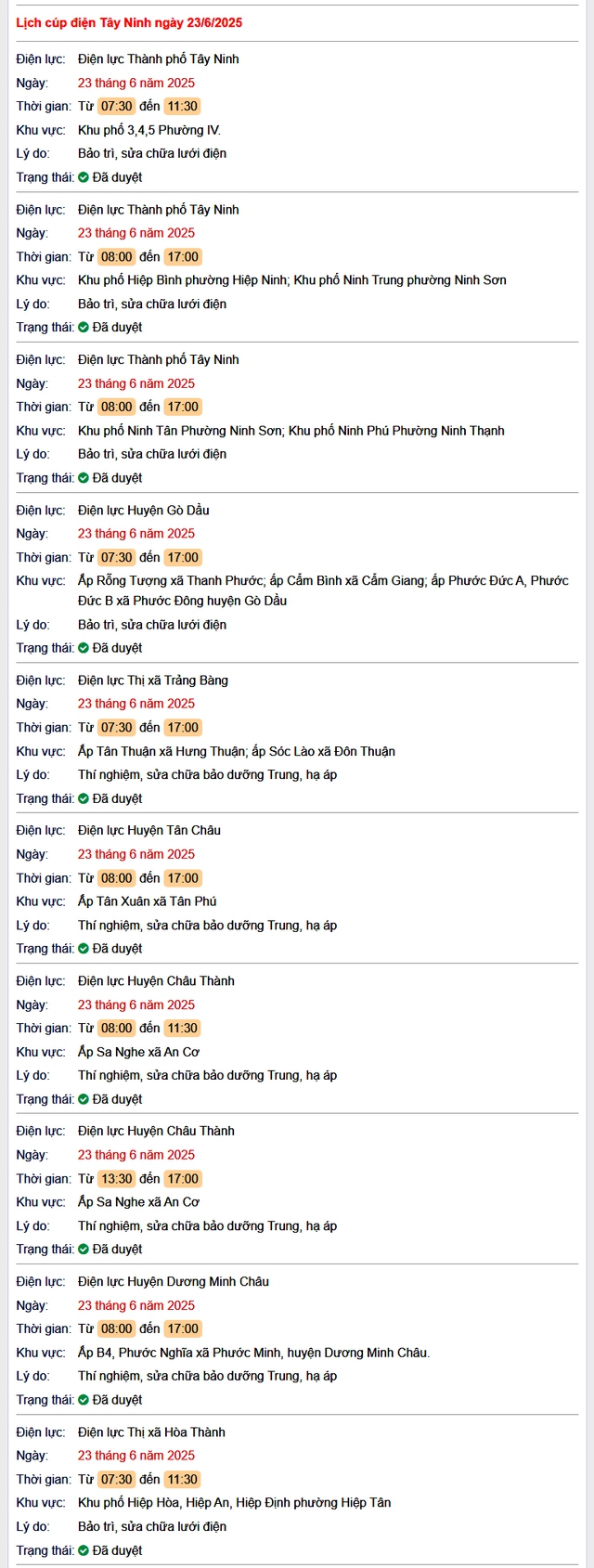 Tra cứu lịch cúp điện hôm nay Thứ 2 ngày 23/6/2025 tại Tây Ninh- Ảnh 1. Tra cứu lịch cúp điện hôm nay Thứ 2 ngày 23/6/2025 tại Tây Ninh- Ảnh 1.