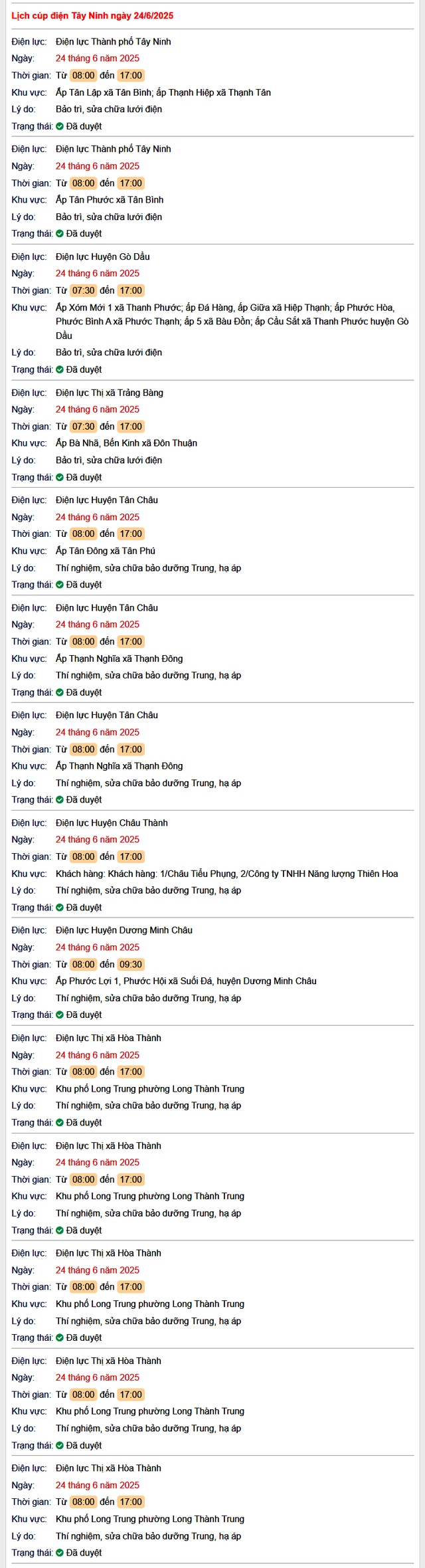 Tra cứu lịch cúp điện hôm nay Thứ 3 ngày 24/6/2025 tại Tây Ninh- Ảnh 1. Tra cứu lịch cúp điện hôm nay Thứ 3 ngày 24/6/2025 tại Tây Ninh- Ảnh 1.