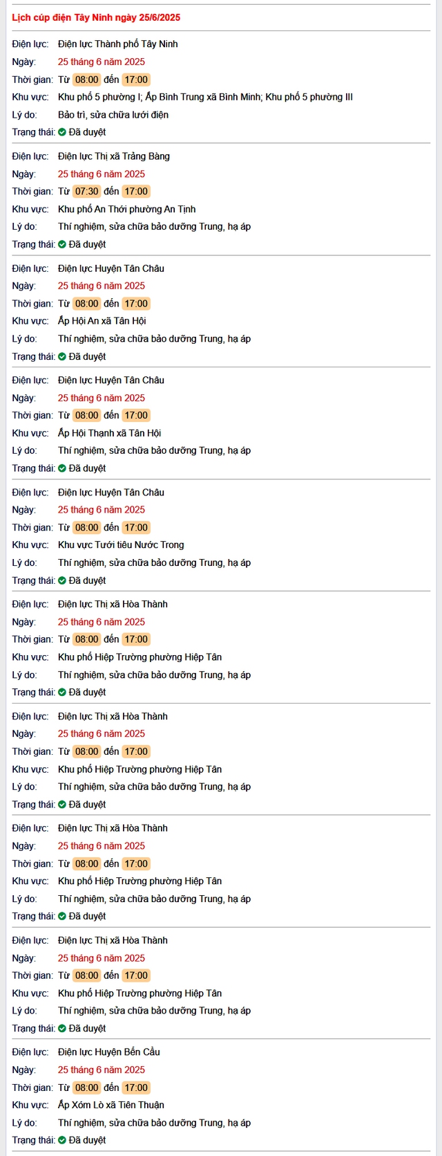 Tra cứu lịch cúp điện hôm nay Thứ 4 ngày 25/6/2025 tại Tây Ninh- Ảnh 1. Tra cứu lịch cúp điện hôm nay Thứ 4 ngày 25/6/2025 tại Tây Ninh- Ảnh 1.