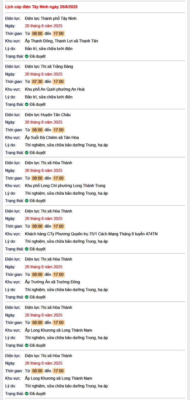 Tra cứu lịch cúp điện hôm nay Thứ 5 ngày 26/6/2025 tại Tây Ninh- Ảnh 1. Tra cứu lịch cúp điện hôm nay Thứ 5 ngày 26/6/2025 tại Tây Ninh- Ảnh 1.