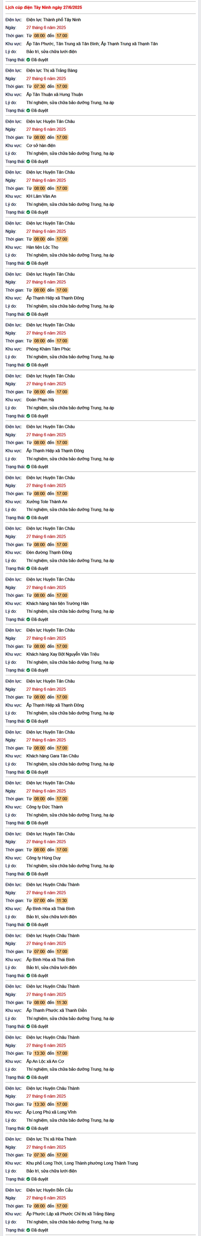 Tra cứu lịch cúp điện hôm nay Thứ 6 ngày 27/6/2025 tại Tây Ninh- Ảnh 1. Tra cứu lịch cúp điện hôm nay Thứ 6 ngày 27/6/2025 tại Tây Ninh- Ảnh 1.