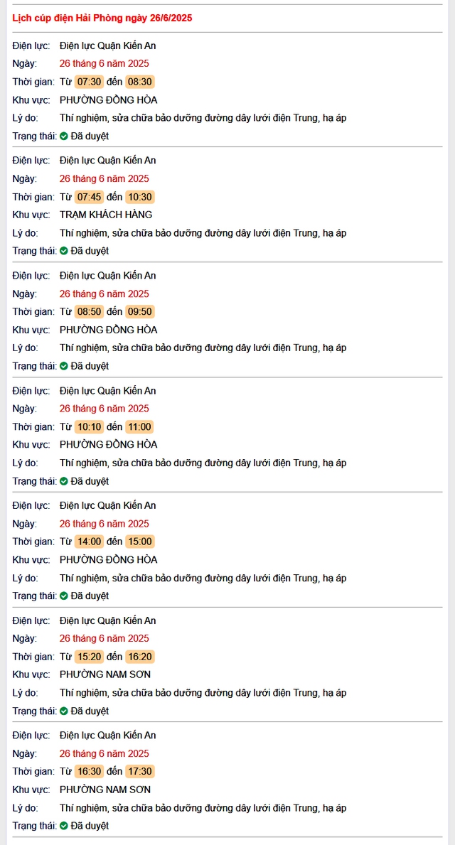 Tra cứu lịch cắt điện Hải Phòng hôm nay thứ 5 ngày 26/6/2025- Ảnh 1. Tra cứu lịch cắt điện Hải Phòng hôm nay thứ 5 ngày 26/6/2025- Ảnh 1.