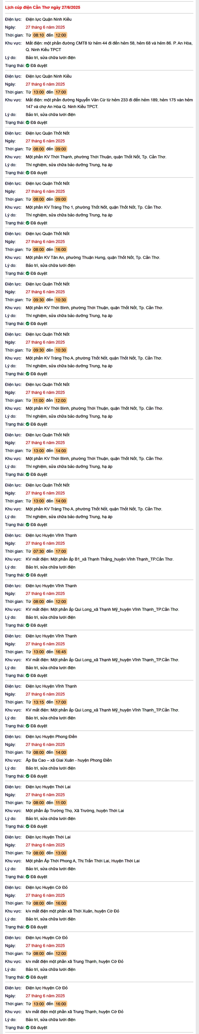 Tra cứu lịch cúp điện hôm nay Thứ 6 ngày 27/6/2025 tại Cần Thơ- Ảnh 1. Tra cứu lịch cúp điện hôm nay Thứ 6 ngày 27/6/2025 tại Cần Thơ- Ảnh 1.