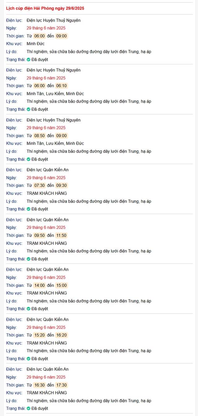 Tra cứu lịch cắt điện Hải Phòng hôm nay Chủ Nhật ngày 29/6/2025- Ảnh 1. Tra cứu lịch cắt điện Hải Phòng hôm nay Chủ Nhật ngày 29/6/2025- Ảnh 1.