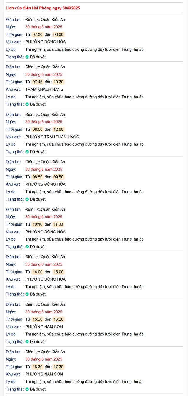 Tra cứu lịch cắt điện Hải Phòng hôm nay Thứ 2 ngày 30/6/2025- Ảnh 1. Tra cứu lịch cắt điện Hải Phòng hôm nay Thứ 2 ngày 30/6/2025- Ảnh 1.