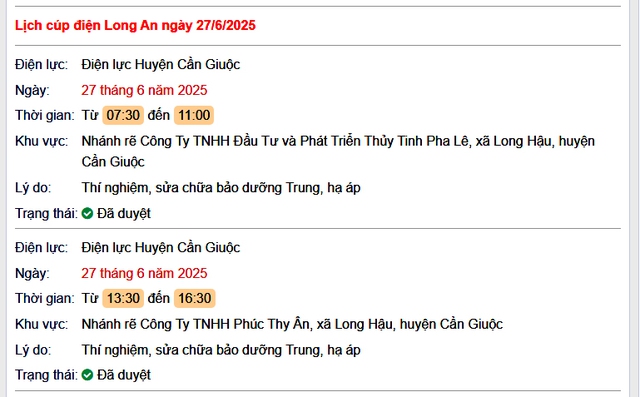 Tra cứu lịch cúp điện hôm nay Thứ 6 ngày 27/6/2025 tại Long An- Ảnh 1. Tra cứu lịch cúp điện hôm nay Thứ 6 ngày 27/6/2025 tại Long An- Ảnh 1.