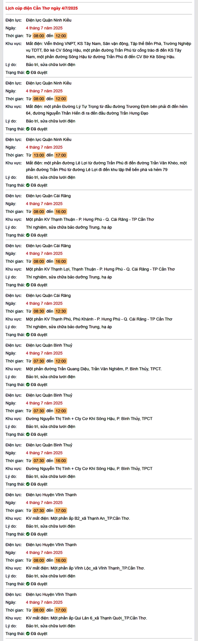 Tra cứu lịch cúp điện hôm nay Thứ 6 ngày 4/7/2025 tại Cần Thơ- Ảnh 1. Tra cứu lịch cúp điện hôm nay Thứ 6 ngày 4/7/2025 tại Cần Thơ- Ảnh 1.