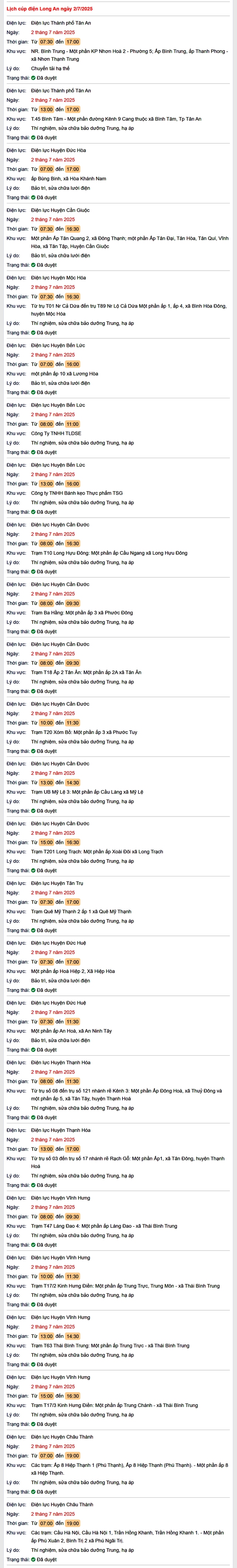 Tra cứu lịch cúp điện hôm nay Thứ 4 ngày 2/7/2025 tại Long An- Ảnh 1. Tra cứu lịch cúp điện hôm nay Thứ 4 ngày 2/7/2025 tại Long An- Ảnh 1.