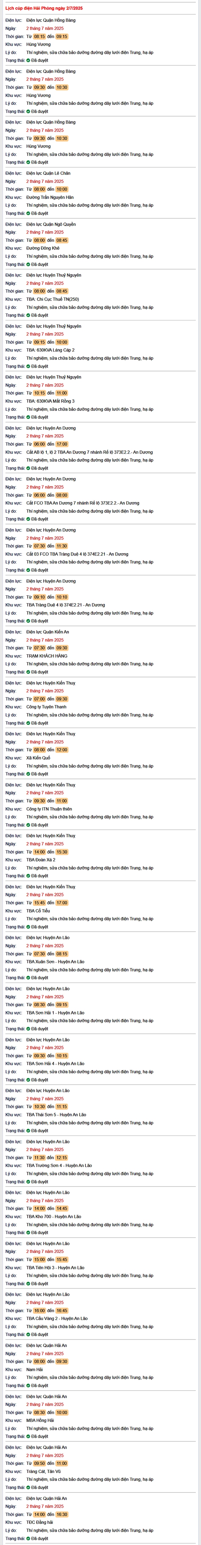 Tra cứu lịch cắt điện Hải Phòng hôm nay Thứ 4 ngày 2/7/2025- Ảnh 1. Tra cứu lịch cắt điện Hải Phòng hôm nay Thứ 4 ngày 2/7/2025- Ảnh 1.