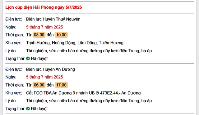 Tra cứu lịch cắt điện Hải Phòng hôm nay Thứ 7 ngày 5/7/2025- Ảnh 1. Tra cứu lịch cắt điện Hải Phòng hôm nay Thứ 7 ngày 5/7/2025- Ảnh 1.