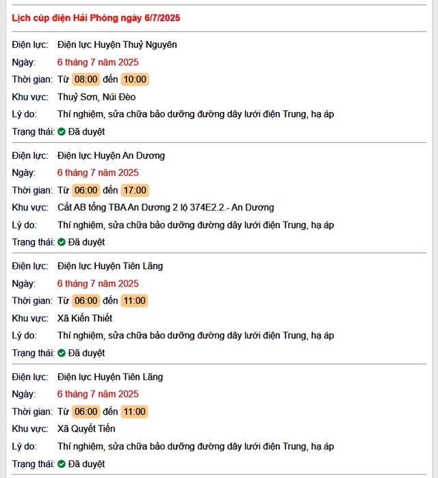 Tra cứu lịch cắt điện Hải Phòng hôm nay Chủ Nhật ngày 6/7/2025- Ảnh 1. Tra cứu lịch cắt điện Hải Phòng hôm nay Chủ Nhật ngày 6/7/2025- Ảnh 1.