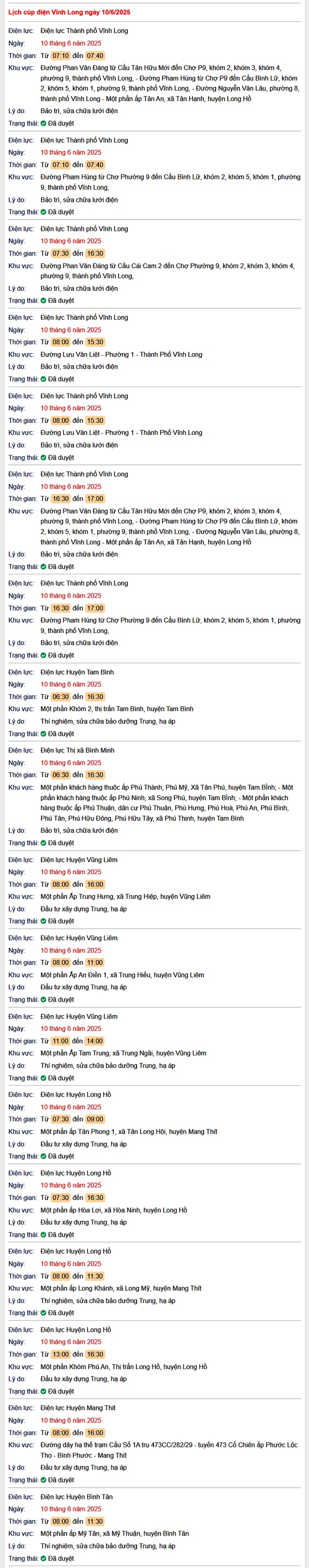 Tra cứu lịch cúp điện hôm nay Thứ 3 ngày 10/6/2025 tại Vĩnh Long- Ảnh 1. Tra cứu lịch cúp điện hôm nay Thứ 3 ngày 10/6/2025 tại Vĩnh Long- Ảnh 1.