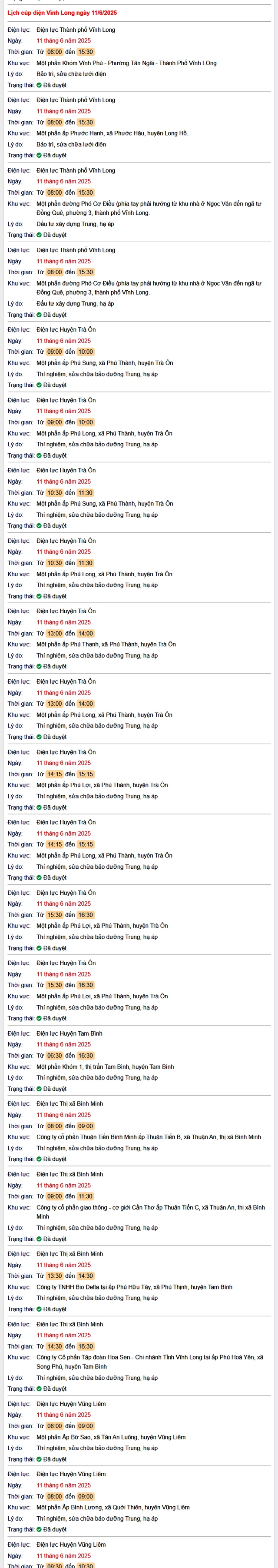 Tra cứu lịch cúp điện hôm nay Thứ 4 ngày 11/6/2025 tại Vĩnh Long- Ảnh 1. Tra cứu lịch cúp điện hôm nay Thứ 4 ngày 11/6/2025 tại Vĩnh Long- Ảnh 1.