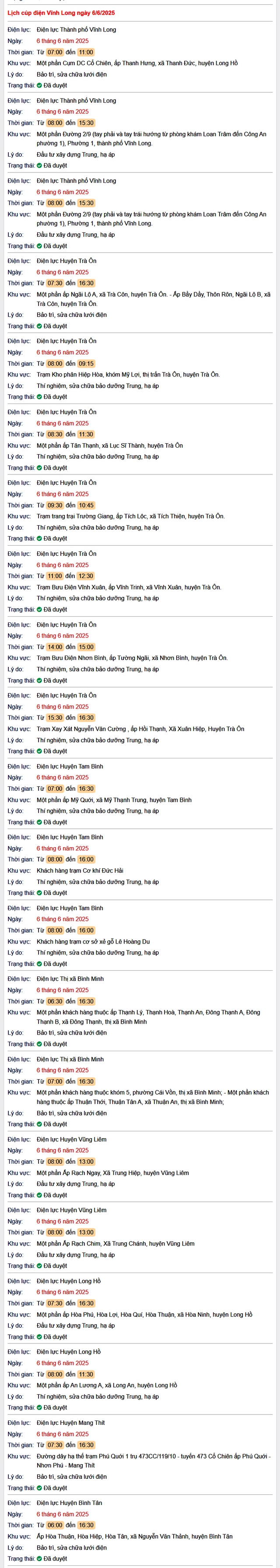 Tra cứu lịch cúp điện hôm nay Thứ 6 ngày 6/6/2025 tại Vĩnh Long- Ảnh 1. Tra cứu lịch cúp điện hôm nay Thứ 6 ngày 6/6/2025 tại Vĩnh Long- Ảnh 1.
