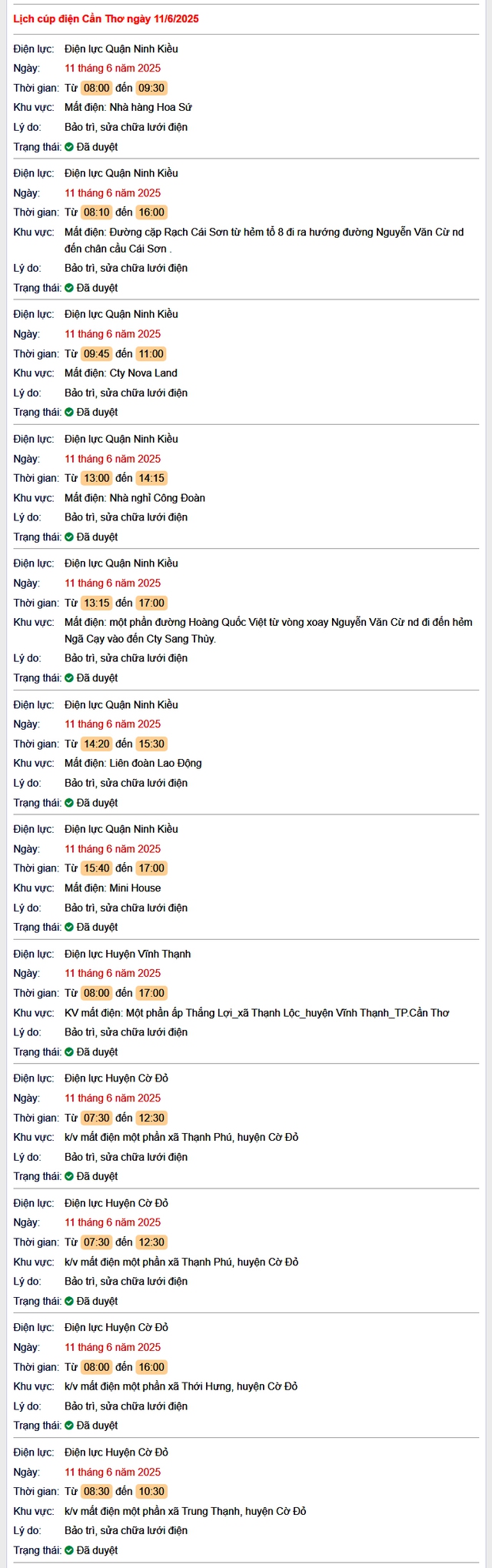 Tra cứu lịch cúp điện hôm nay Thứ 4 ngày 11/6/2025 tại Cần Thơ- Ảnh 1.