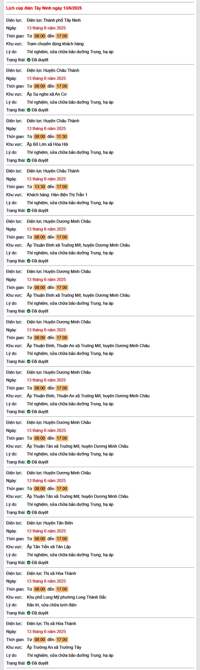 Tra cứu lịch cúp điện hôm nay Thứ 6 ngày 13/6/2025 tại Tây Ninh- Ảnh 1. Tra cứu lịch cúp điện hôm nay Thứ 6 ngày 13/6/2025 tại Tây Ninh- Ảnh 1.