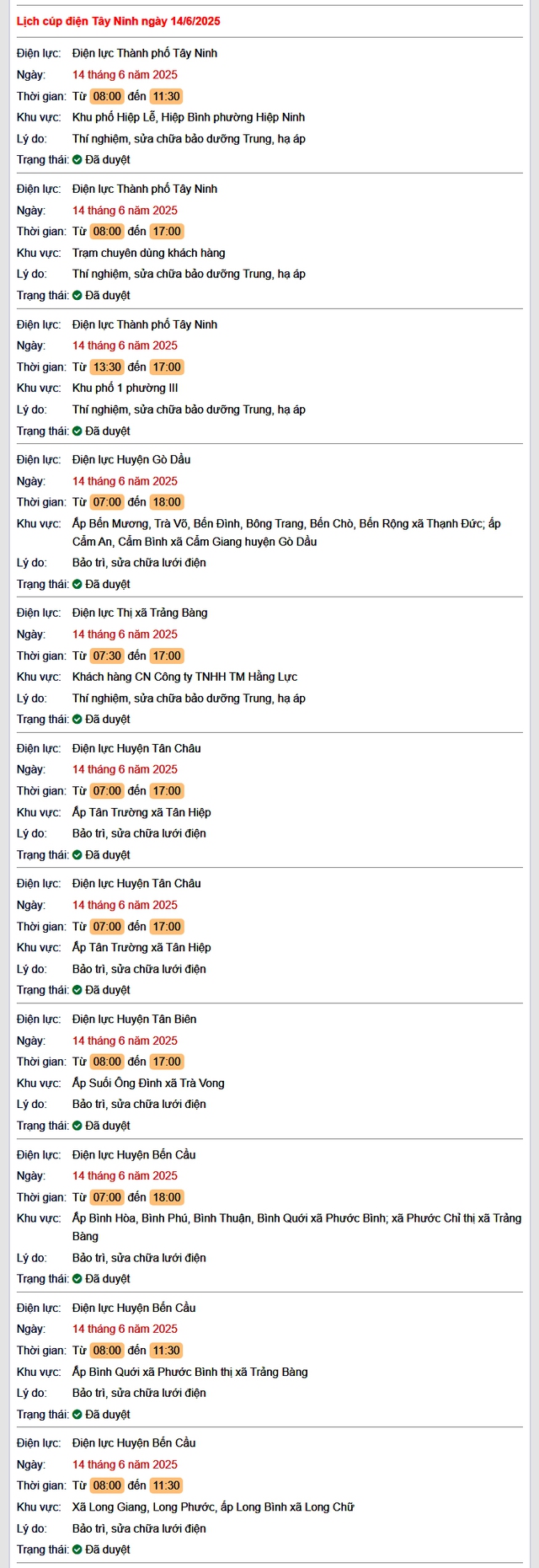 Tra cứu lịch cúp điện hôm nay Thứ 7 ngày 14/6/2025 tại Tây Ninh- Ảnh 1. Tra cứu lịch cúp điện hôm nay Thứ 7 ngày 14/6/2025 tại Tây Ninh- Ảnh 1.