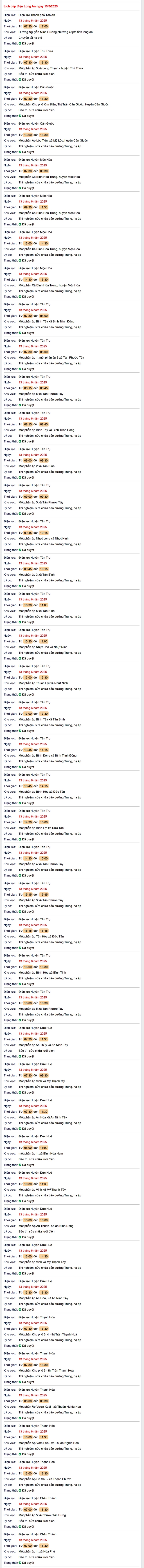 Tra cứu lịch cúp điện hôm nay Thứ 6 ngày 13/6/2025 tại Long An- Ảnh 1. Tra cứu lịch cúp điện hôm nay Thứ 6 ngày 13/6/2025 tại Long An- Ảnh 1.