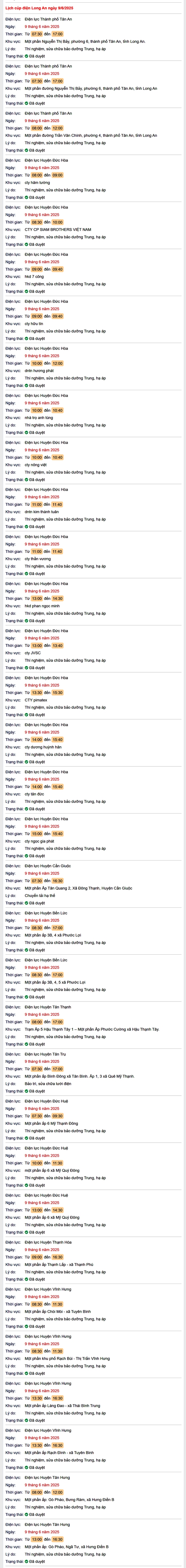 Tra cứu lịch cúp điện hôm nay Thứ 2 ngày 9/6/2025 tại Long An- Ảnh 1. Tra cứu lịch cúp điện hôm nay Thứ 2 ngày 9/6/2025 tại Long An- Ảnh 1.