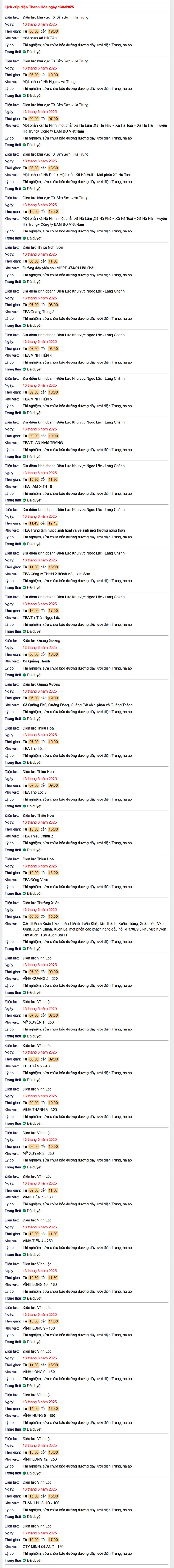 Tra cứu lịch cúp điện hôm nay Thứ 6 ngày 13/6/2025 tại Thanh Hóa- Ảnh 1. Tra cứu lịch cúp điện hôm nay Thứ 6 ngày 13/6/2025 tại Thanh Hóa- Ảnh 1.