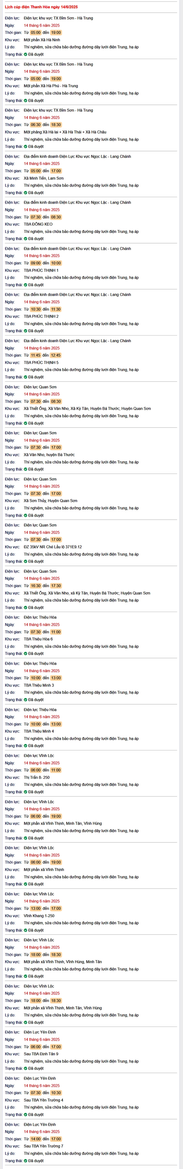 Tra cứu lịch cúp điện hôm nay Thứ 7 ngày 14/6/2025 tại Thanh Hóa- Ảnh 1.