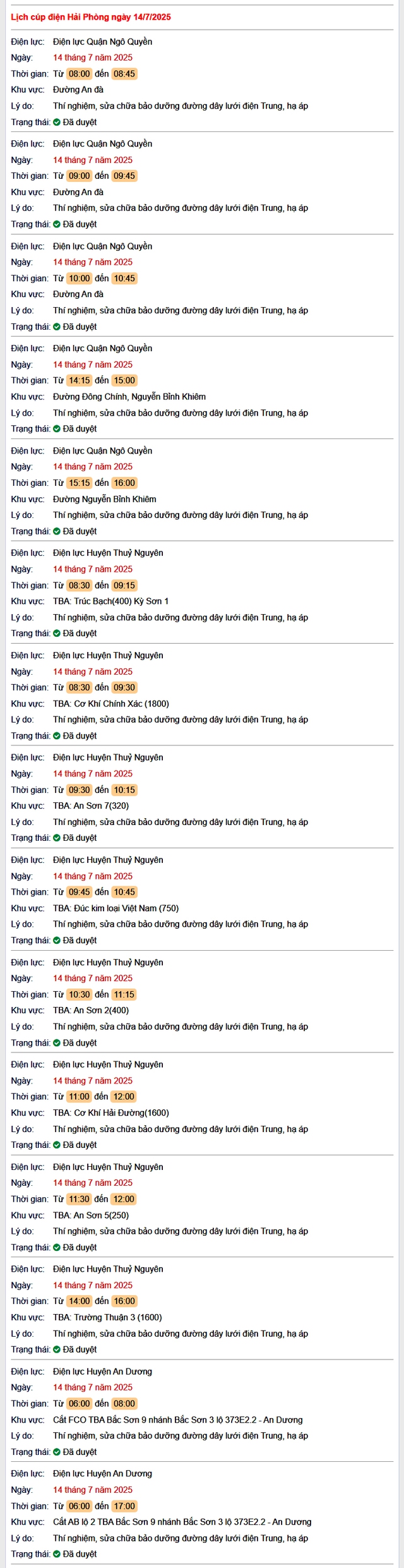 Tra cứu lịch cắt điện Hải Phòng hôm nay Thứ 2 ngày 14/7/2025- Ảnh 1.