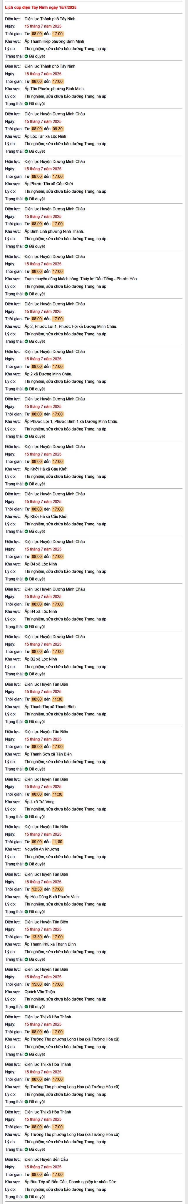 Tra cứu lịch cúp điện hôm nay Thứ 3 ngày 15/7/2025 tại Tây Ninh- Ảnh 1. Tra cứu lịch cúp điện hôm nay Thứ 3 ngày 15/7/2025 tại Tây Ninh- Ảnh 1.
