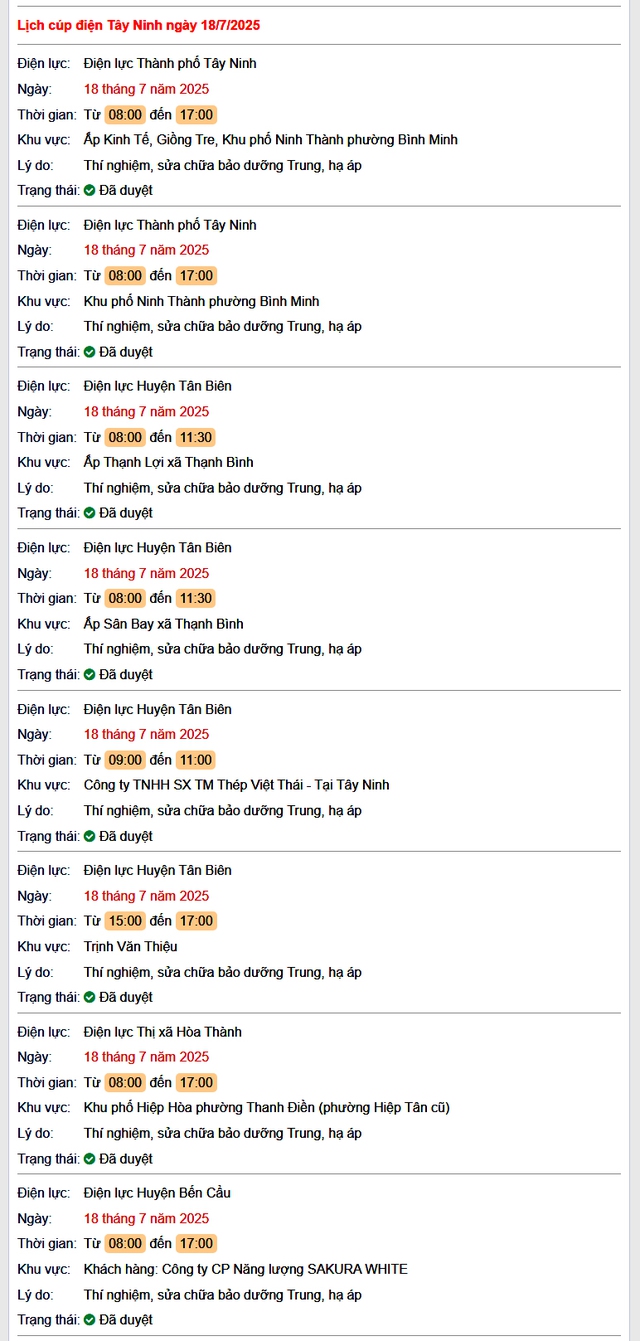 Tra cứu lịch cúp điện hôm nay Thứ 6 ngày 18/7/2025 tại Tây Ninh- Ảnh 1.