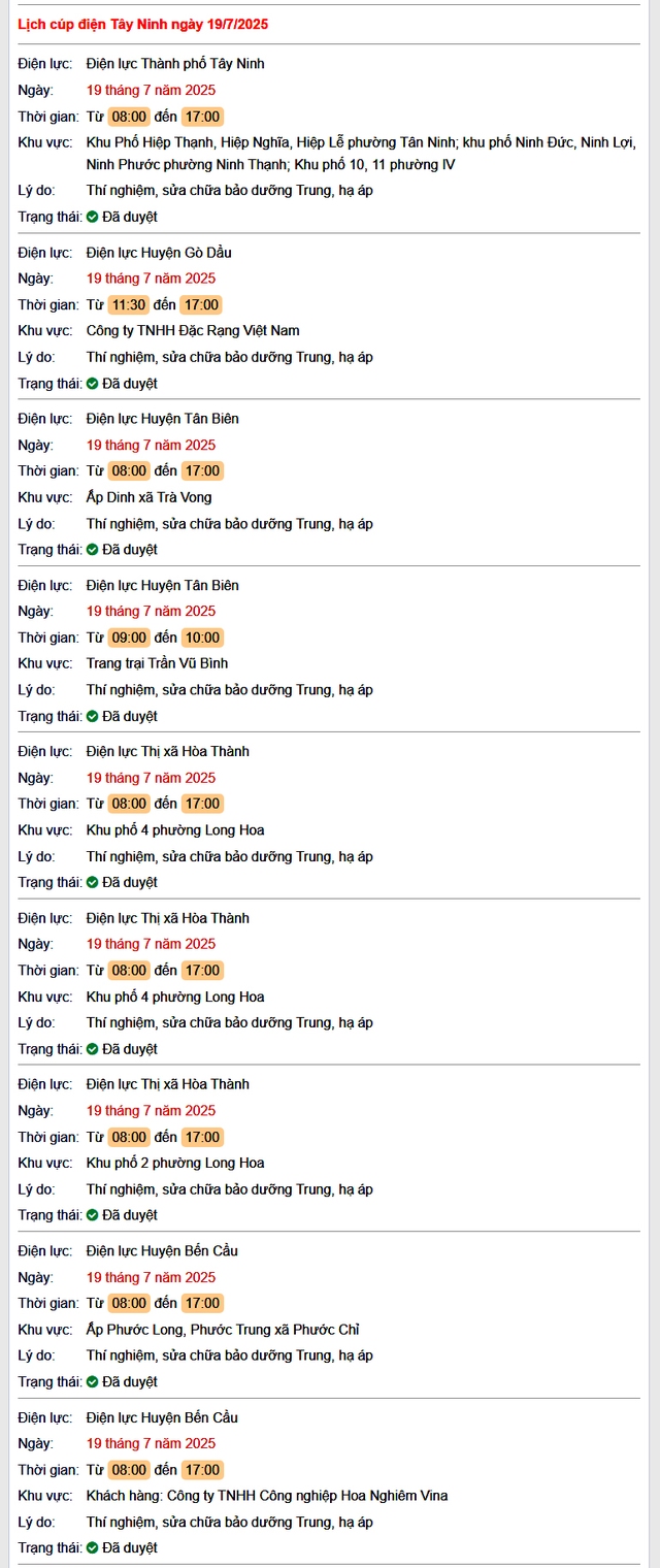 Tra cứu lịch cúp điện hôm nay Thứ 7 ngày 19/7/2025 tại Tây Ninh- Ảnh 1. Tra cứu lịch cúp điện hôm nay Thứ 7 ngày 19/7/2025 tại Tây Ninh- Ảnh 1.