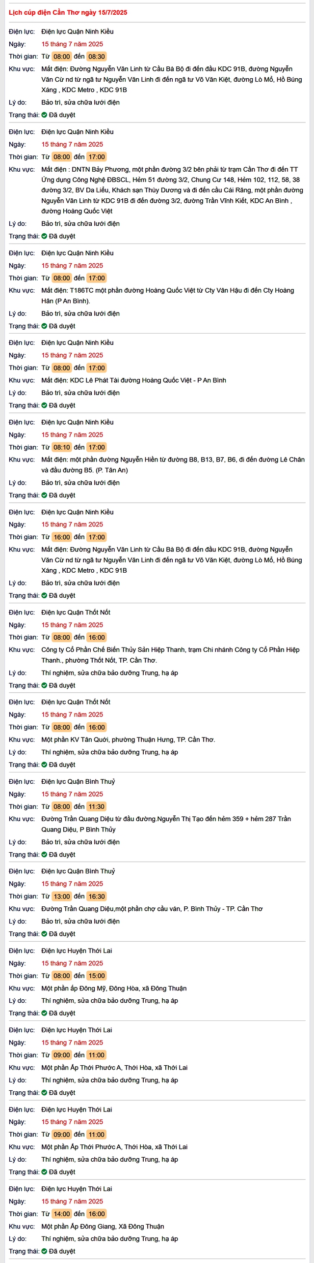 Tra cứu lịch cúp điện hôm nay Thứ 3 ngày 15/7/2025 tại Cần Thơ- Ảnh 1.