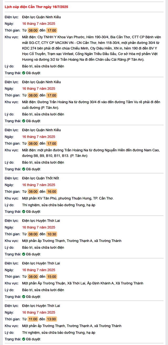 Tra cứu lịch cúp điện hôm nay Thứ 4 ngày 16/7/2025 tại Cần Thơ- Ảnh 1.