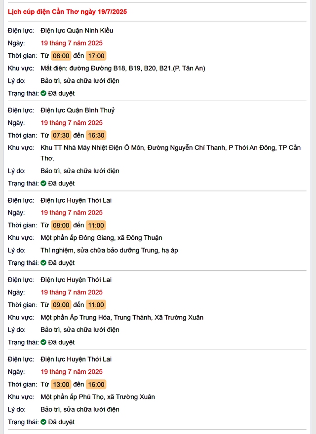 Tra cứu lịch cúp điện hôm nay Thứ 7 ngày 19/7/2025 tại Cần Thơ- Ảnh 1. Tra cứu lịch cúp điện hôm nay Thứ 7 ngày 19/7/2025 tại Cần Thơ- Ảnh 1.
