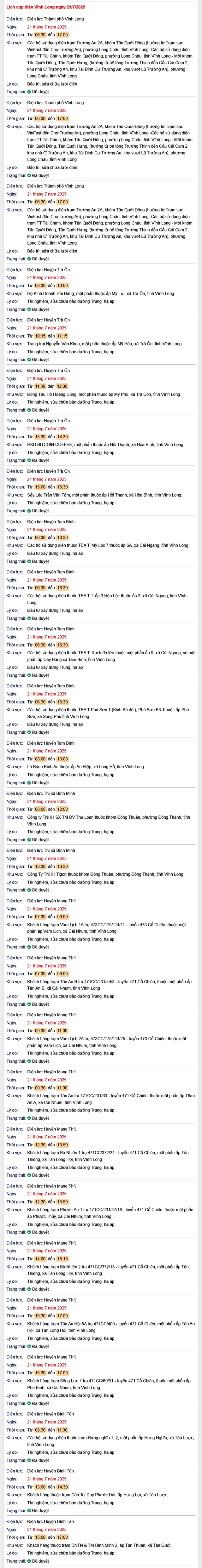 Tra cứu lịch cúp điện hôm nay Thứ 2 ngày 21/7/2025 tại Vĩnh Long- Ảnh 1.